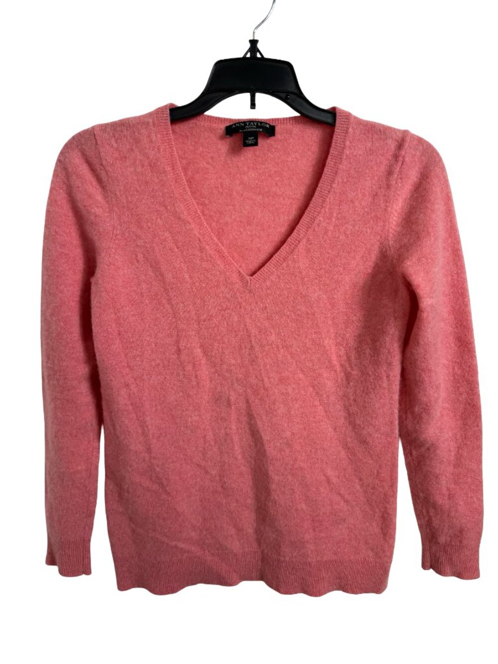 Ann Taylor 100% Cashmere Sweater Small Petite Salmon V Neck Pullover Preppy Soft
